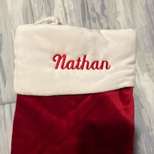 Embroidered velvet stocking. Pottery Barn Christmas Stocking